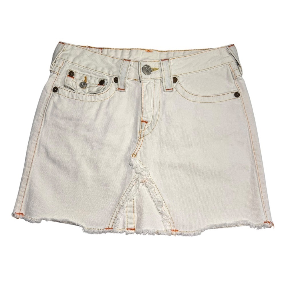 True Religion Lola White Denim Mini Skirt Contrast‎ Stitch Raw Hem Vintage Y2K 4